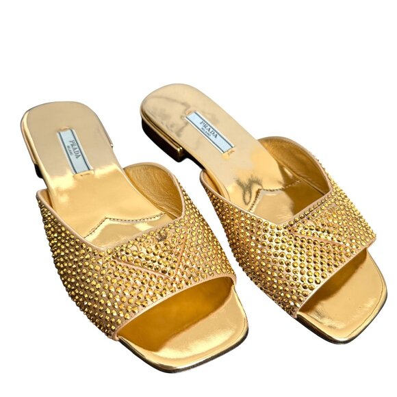Prada Satin Crystal Embellished Gold Slide Mules Sandals 36, 1XX642 - Picture 1 of 16